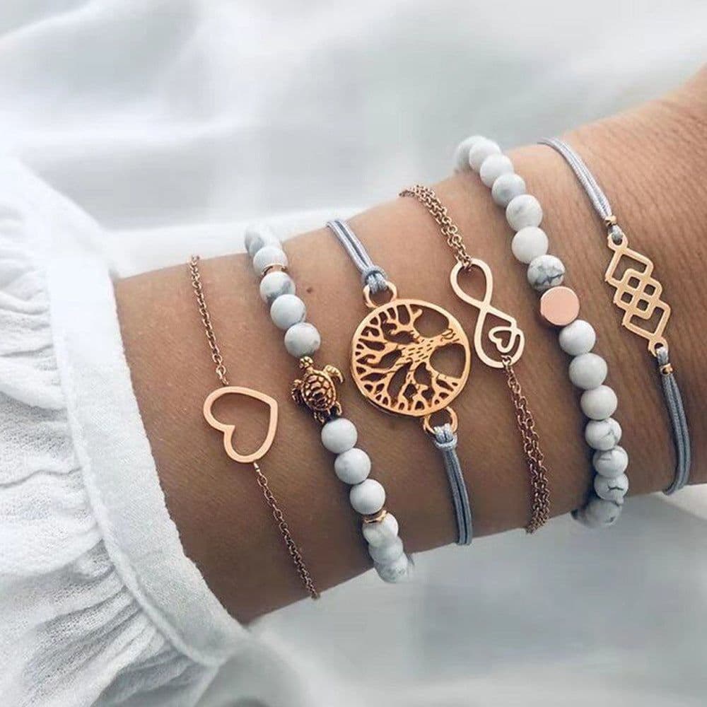 image-European American Alloy Bracelet Set - Hollow Love Tree of Life