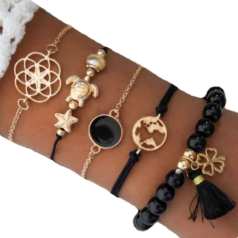 image-Beaded Bracelet Set with Turtle Pentagram Charms 5-Piece