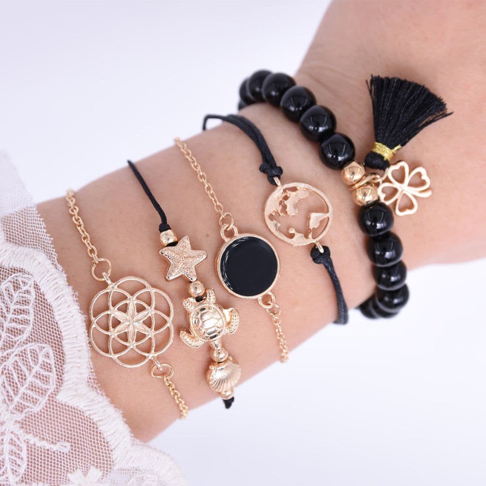 image-Beaded Bracelet Set with Turtle Pentagram Charms 5-Piece