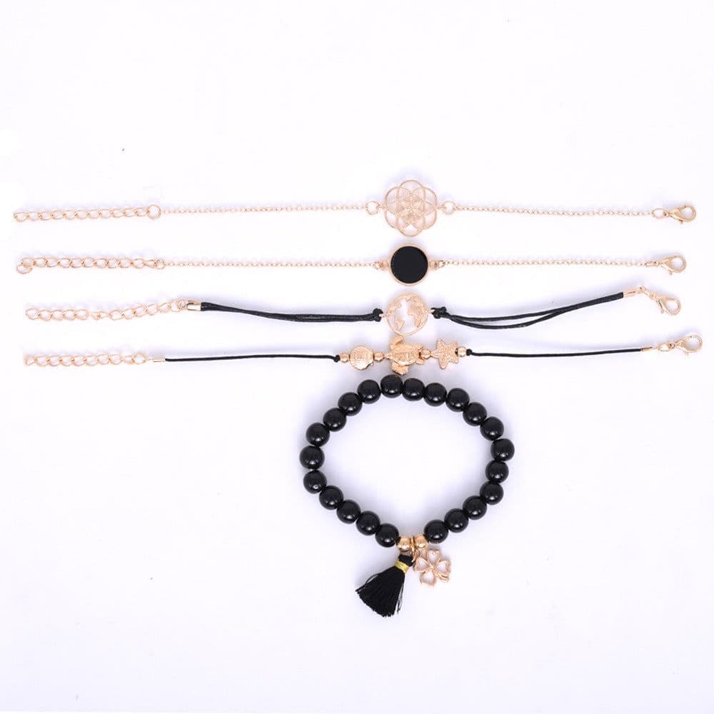 image-Beaded Bracelet Set with Turtle Pentagram Charms 5-Piece