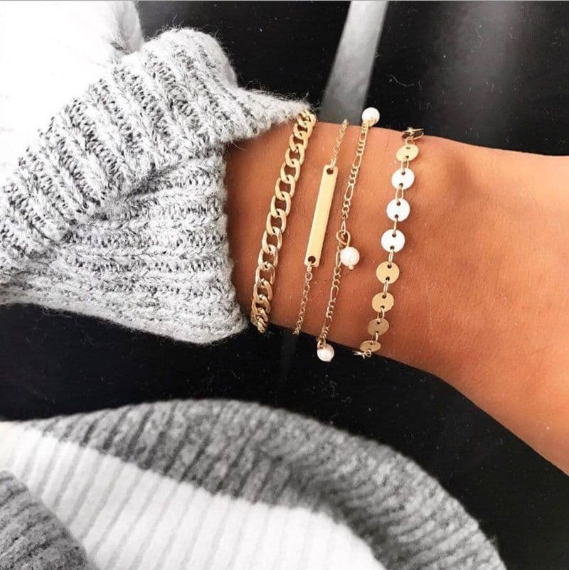 image-Silver Alloy Geometric Bracelet Set 4-Pack with Pearl & Sequins