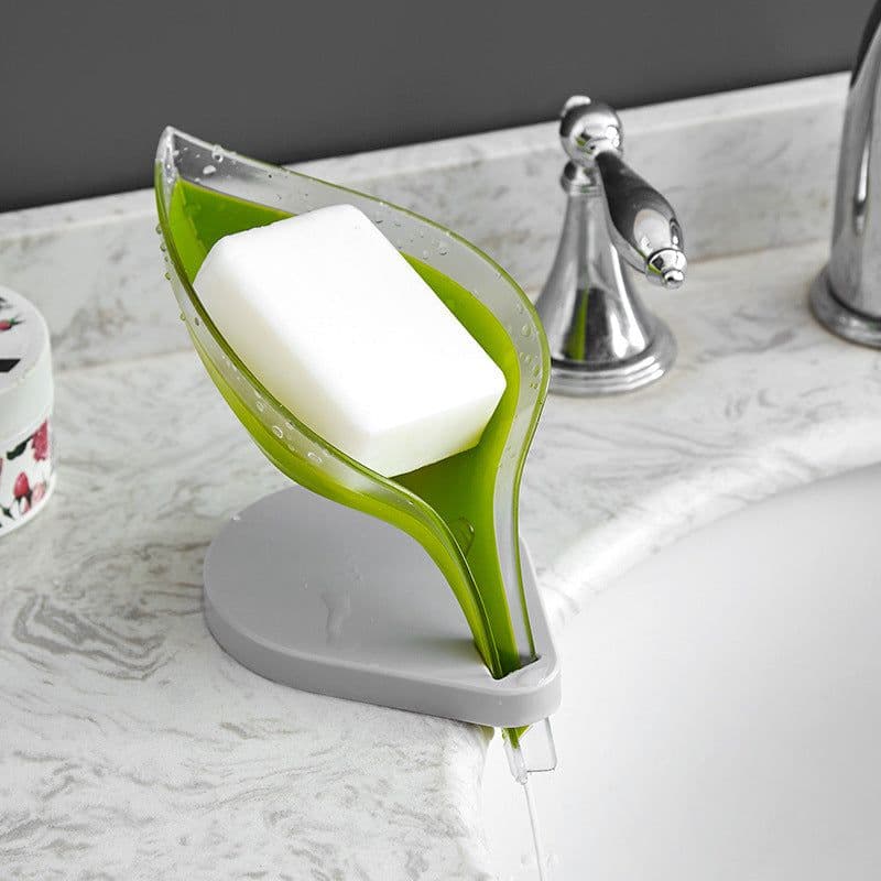 image-Leaf-Shaped Soap Dish with Suction Cup and Drain Rack Gray