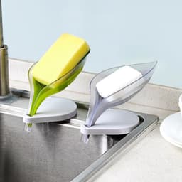 image-Leaf-Shaped Soap Dish with Suction Cup and Drain Rack Gray