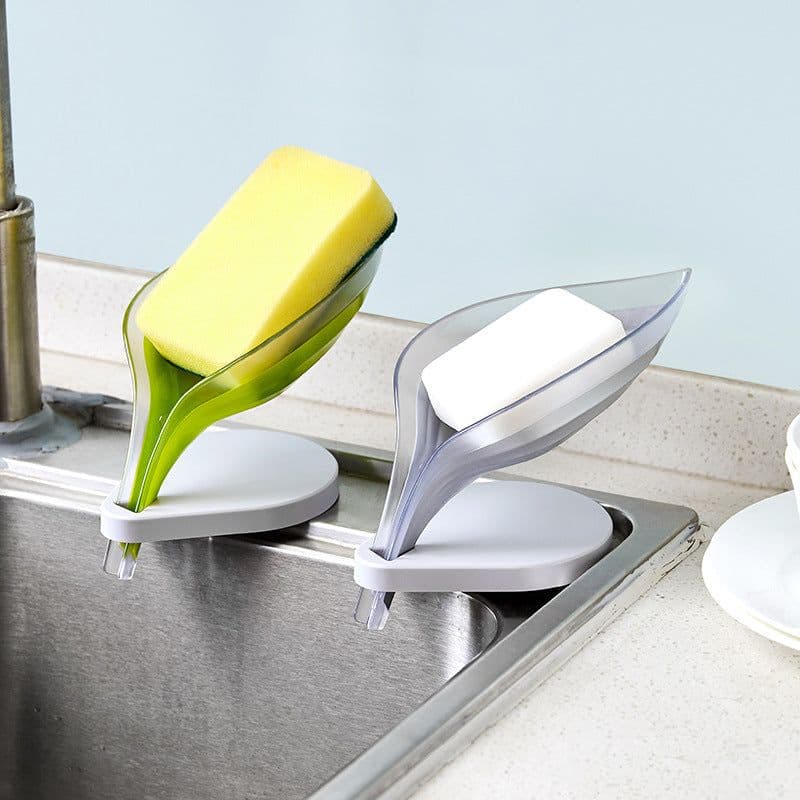 image-Leaf-Shaped Soap Dish with Suction Cup and Drain Rack Gray