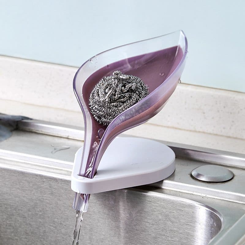 image-Leaf-Shaped Soap Dish with Suction Cup and Drain Rack Gray