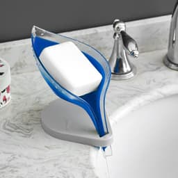 image-Leaf-Shaped Soap Dish with Suction Cup and Drain Rack Gray