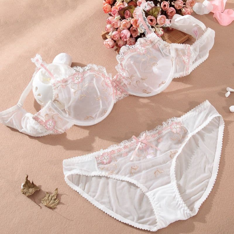 image-Embroidered Bra Set with Lace Trim, 3/4 Cup Ultra-Thin Underwire