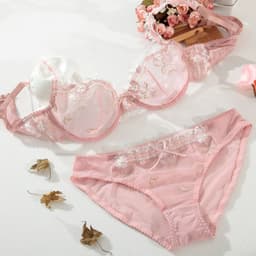 image-Embroidered Bra Set with Lace Trim, 3/4 Cup Ultra-Thin Underwire
