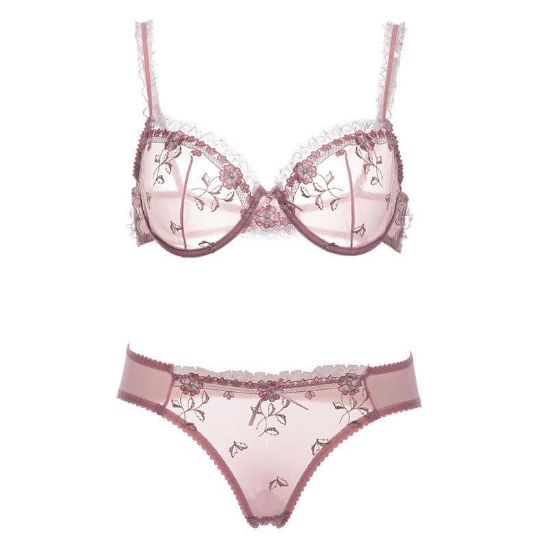 image-Embroidered Bra Set with Lace Trim, 3/4 Cup Ultra-Thin Underwire