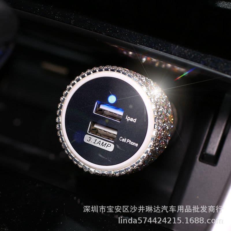 image-Diamond-Studded Dual USB Car Charger Fast Charge Pink