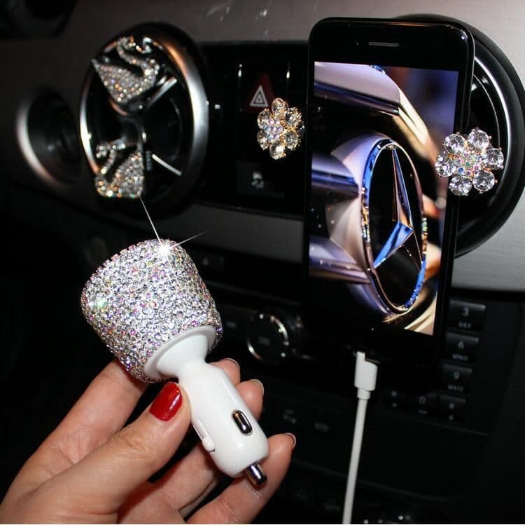image-Diamond-Studded Dual USB Car Charger Fast Charge Pink