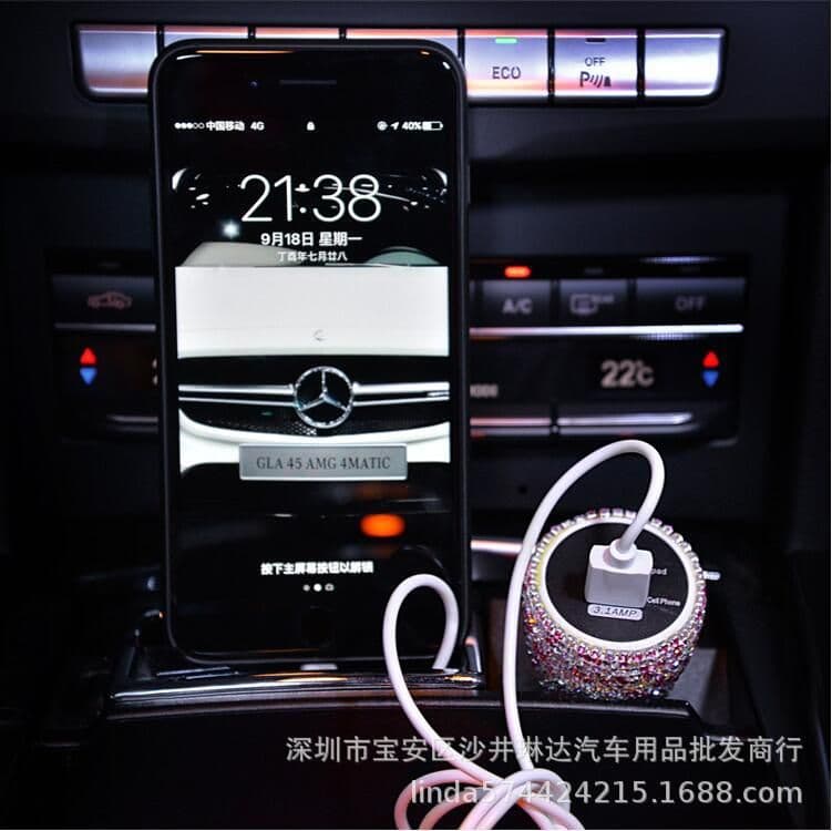 image-Diamond-Studded Dual USB Car Charger Fast Charge Pink