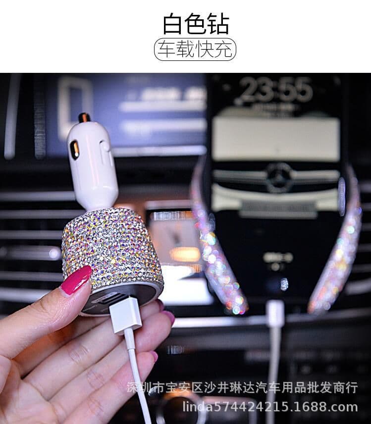 image-Diamond-Studded Dual USB Car Charger Fast Charge Pink