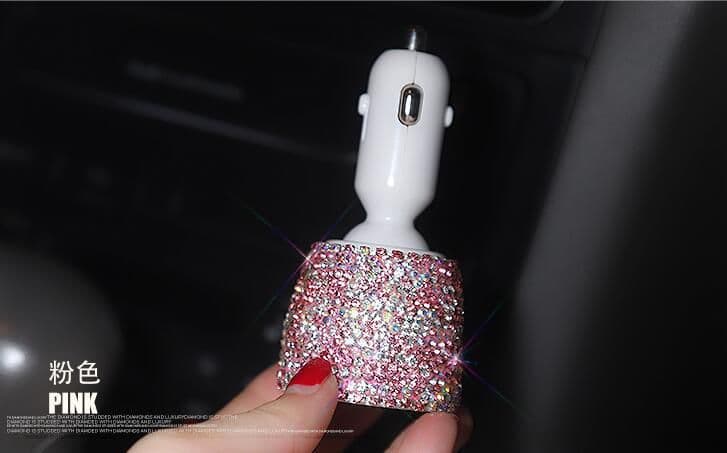 image-Diamond-Studded Dual USB Car Charger Fast Charge Pink