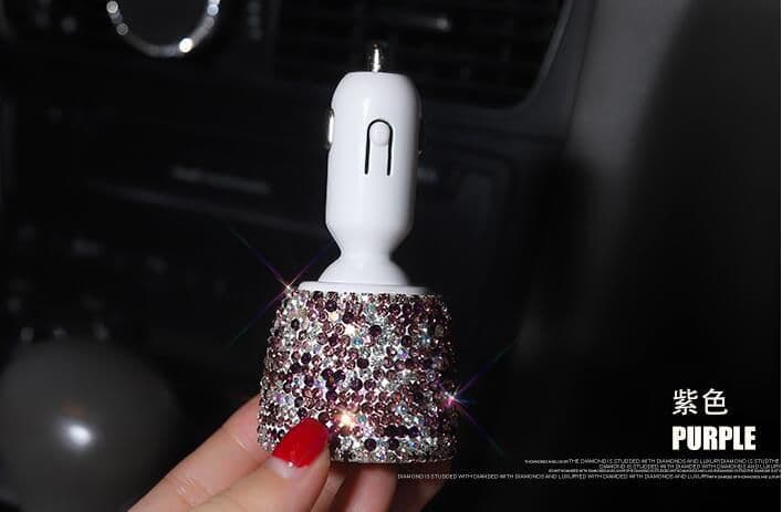 image-Diamond-Studded Dual USB Car Charger Fast Charge Pink