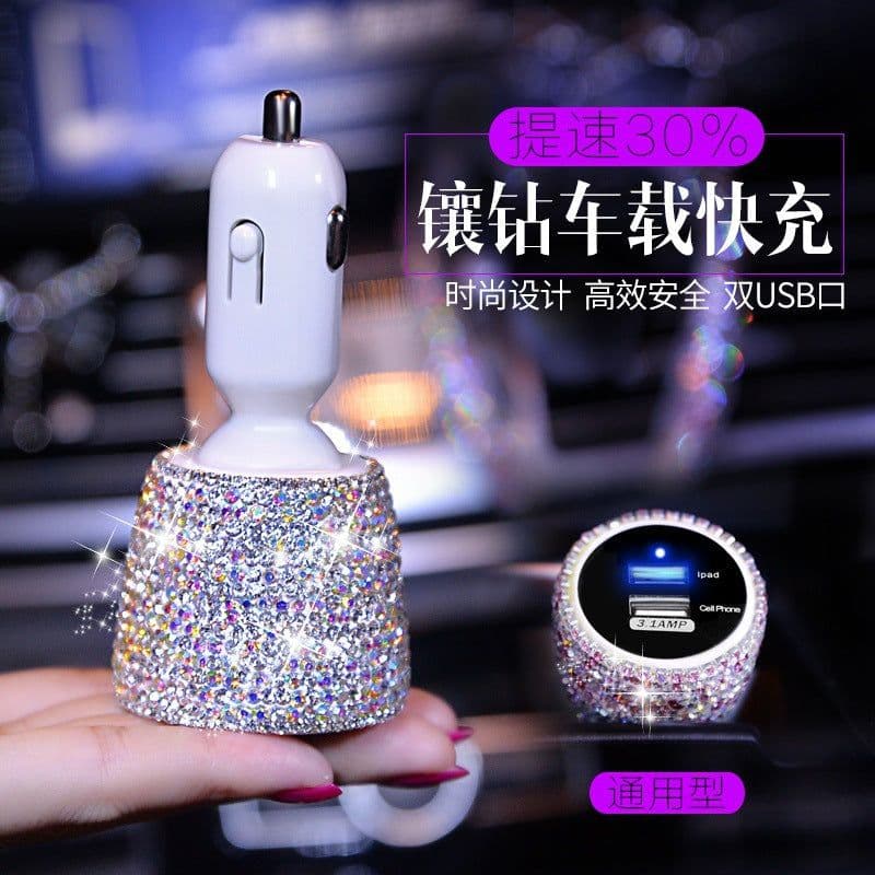 image-Diamond-Studded Dual USB Car Charger Fast Charge Pink