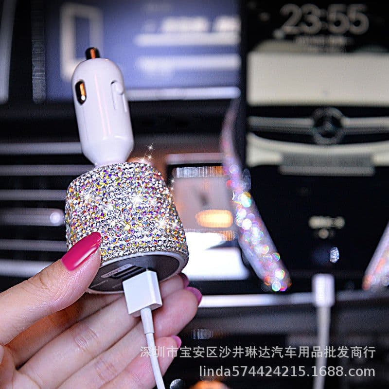 image-Diamond-Studded Dual USB Car Charger Fast Charge Pink