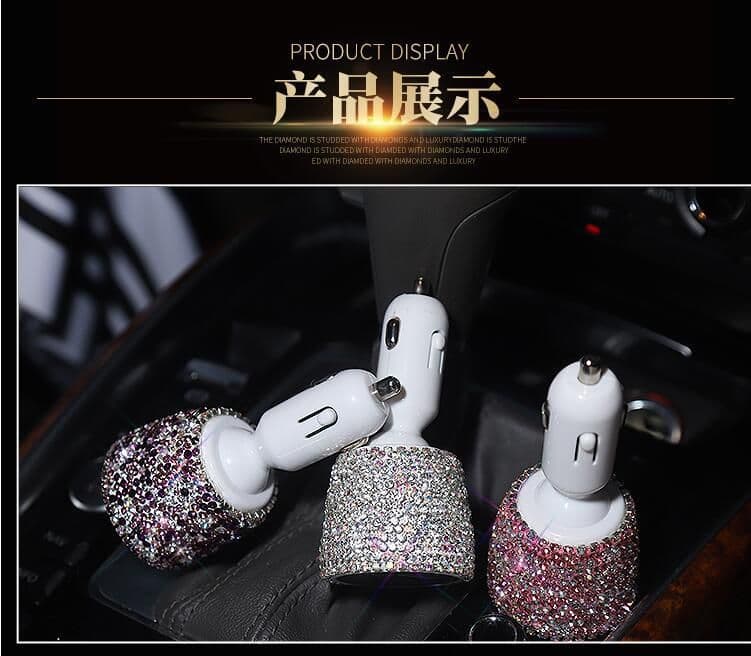 image-Diamond-Studded Dual USB Car Charger Fast Charge Pink