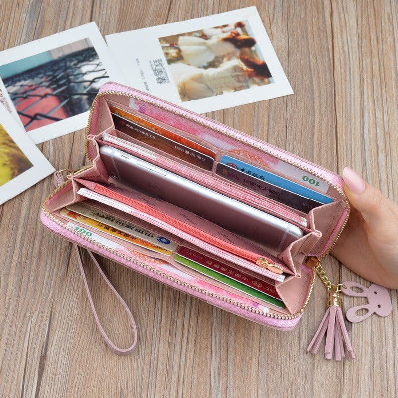image-Ladies Long Wallet Clutch with Zipper Tassel and Phone Pocket