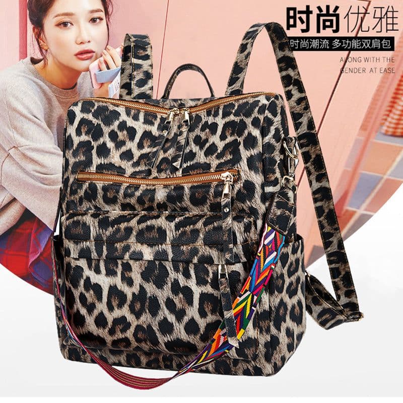 image-Women's PU Leopard Print Backpack Contrast Color School Bag