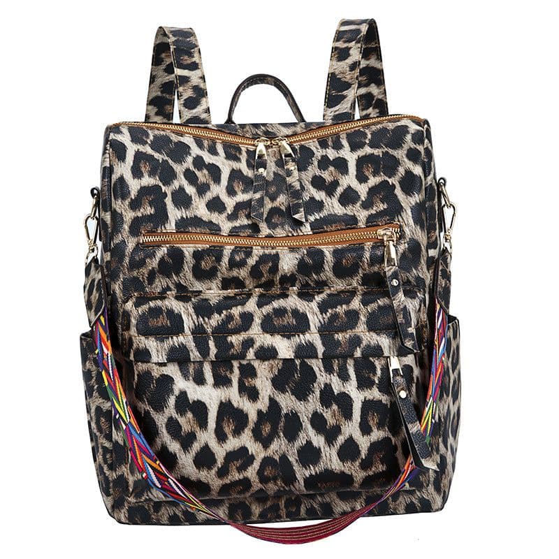 image-Women's PU Leopard Print Backpack Contrast Color School Bag