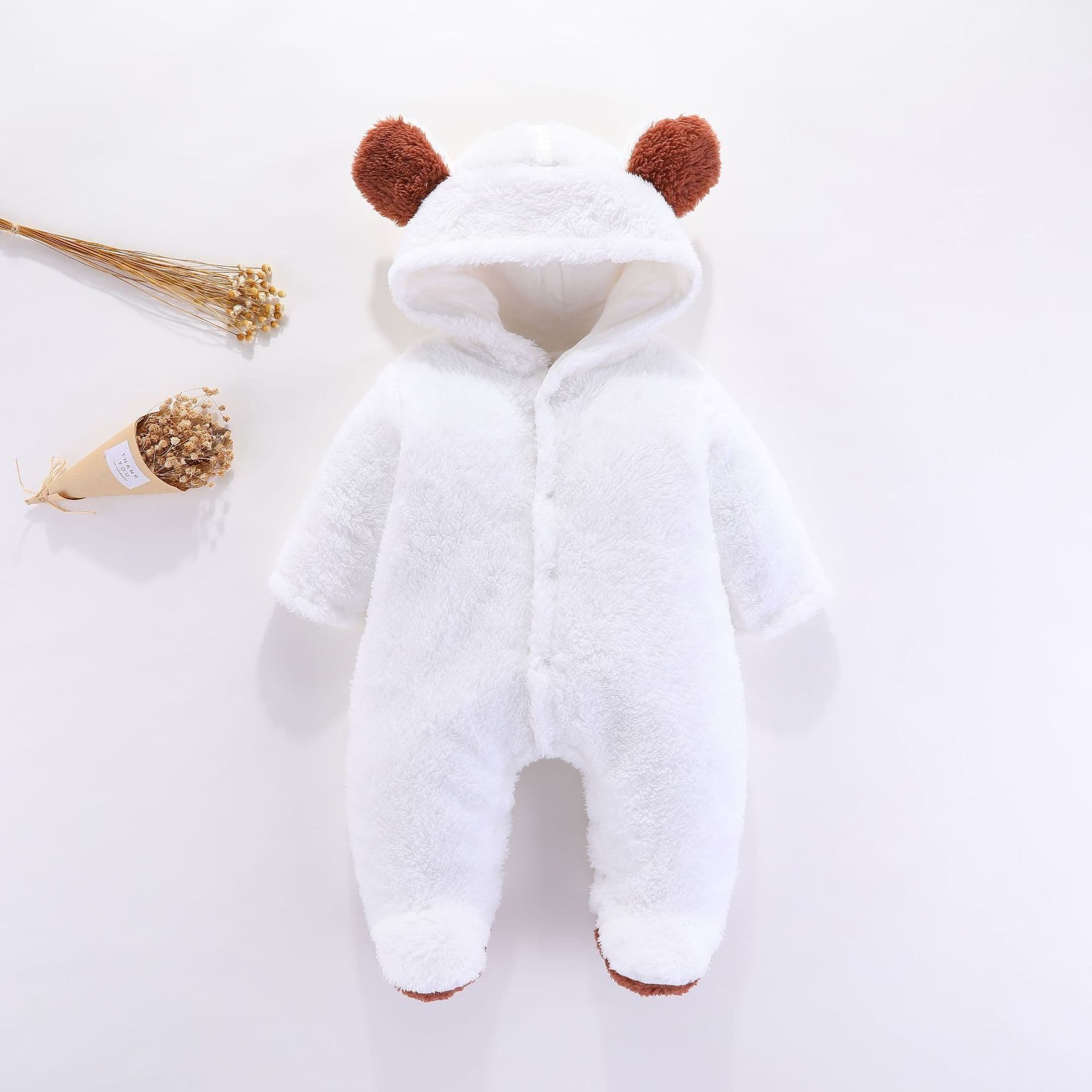 image-DIKATU Baby Romper Coral Fleece Hooded Jumpsuit Long Sleeve 12M