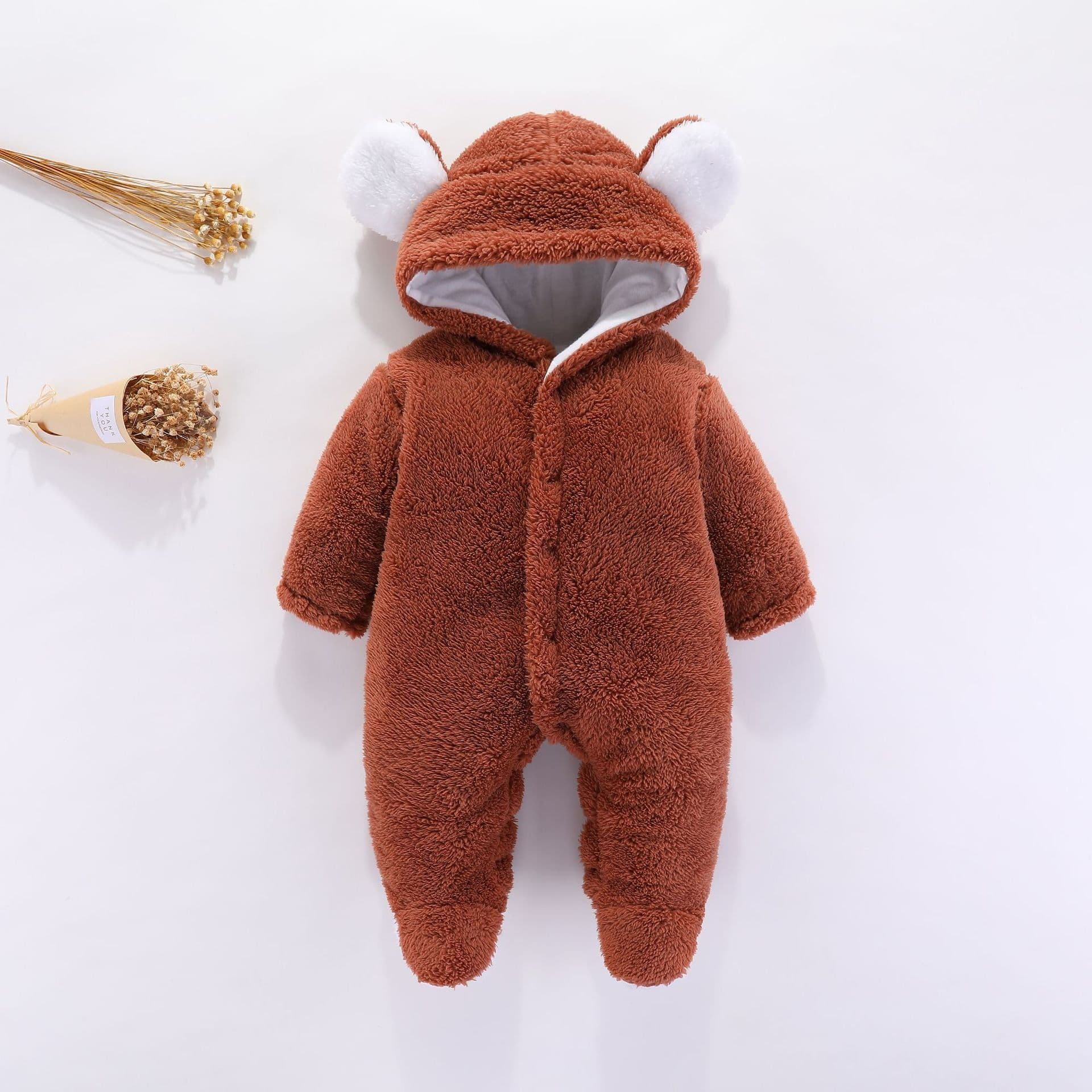 image-DIKATU Baby Romper Coral Fleece Hooded Jumpsuit Long Sleeve 12M