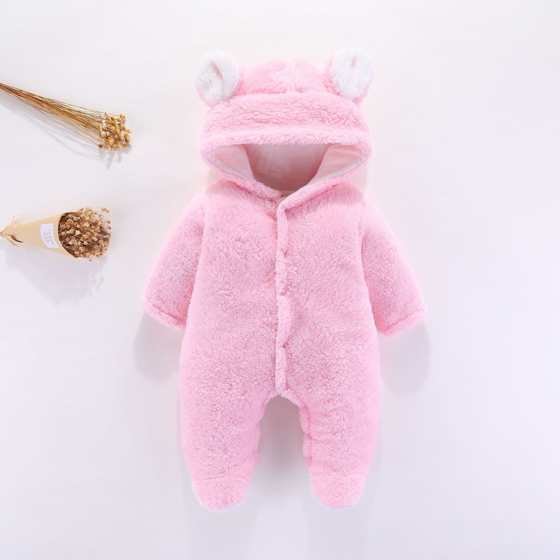 image-DIKATU Baby Romper Coral Fleece Hooded Jumpsuit Long Sleeve 12M
