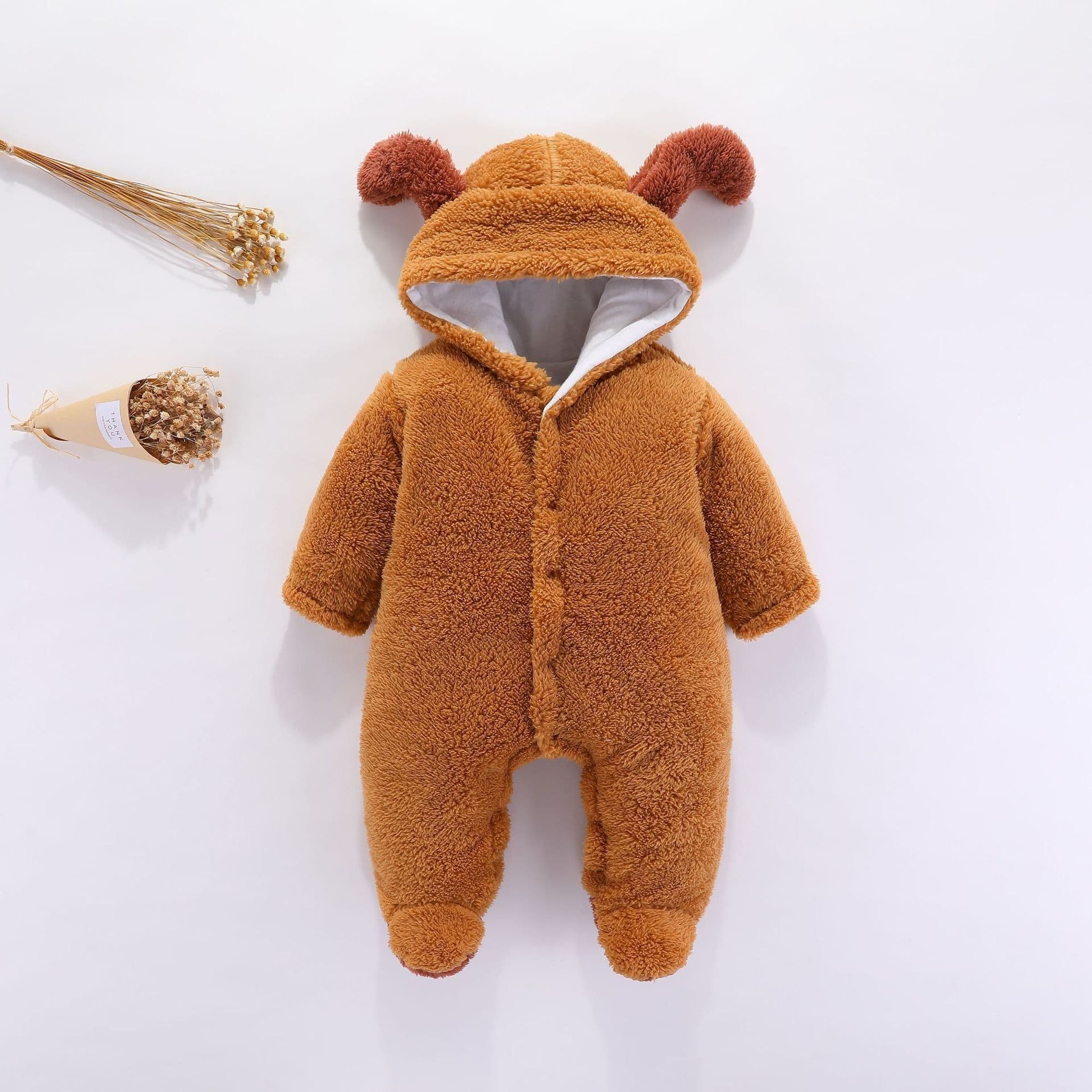 image-DIKATU Baby Romper Coral Fleece Hooded Jumpsuit Long Sleeve 12M