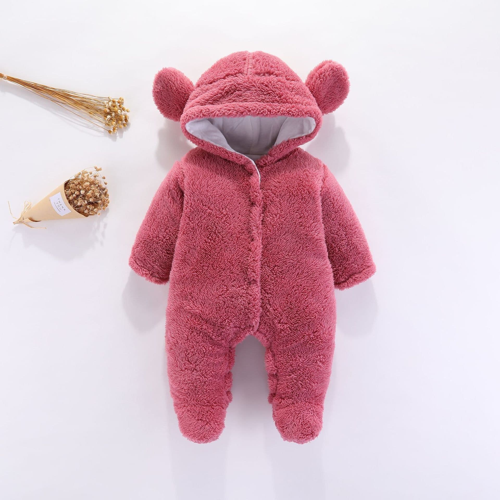 image-DIKATU Baby Romper Coral Fleece Hooded Jumpsuit Long Sleeve 12M