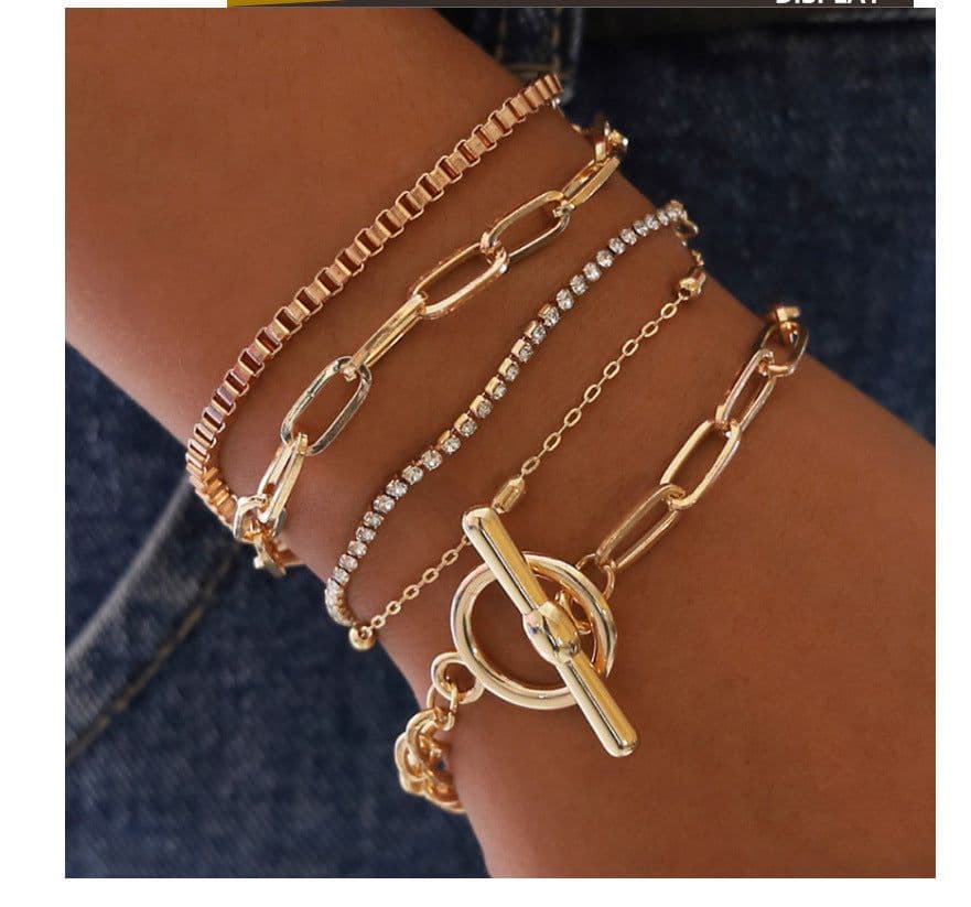 image-OT Buckle Multi-Layer Beaded Bracelet Rose Gold Geometric Alloy