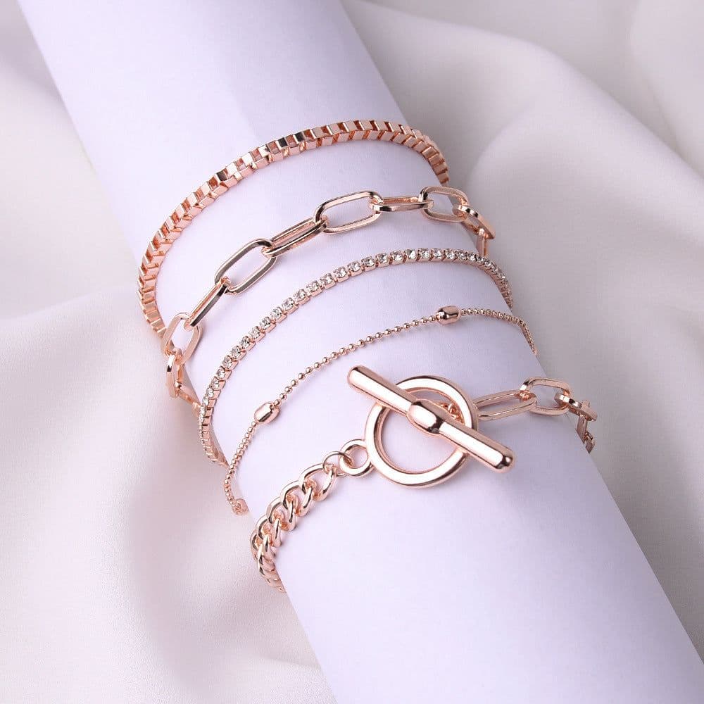 image-OT Buckle Multi-Layer Beaded Bracelet Rose Gold Geometric Alloy