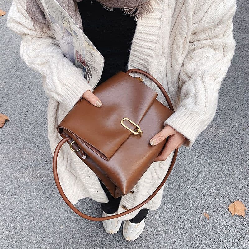 image-Women's PU Leather Small Square Crossbody Bag Brown