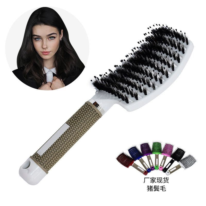 image-Hairdressing Comb Curved Boar Bristle Styling Massage Comb