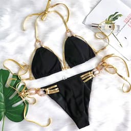 image-Gold Strappy Halter Bikini with Crystal Diamond Tassel Detail