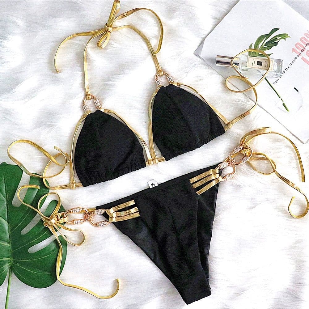 image-Gold Strappy Halter Bikini with Crystal Diamond Tassel Detail