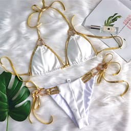 image-Gold Strappy Halter Bikini with Crystal Diamond Tassel Detail