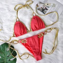 image-Gold Strappy Halter Bikini with Crystal Diamond Tassel Detail