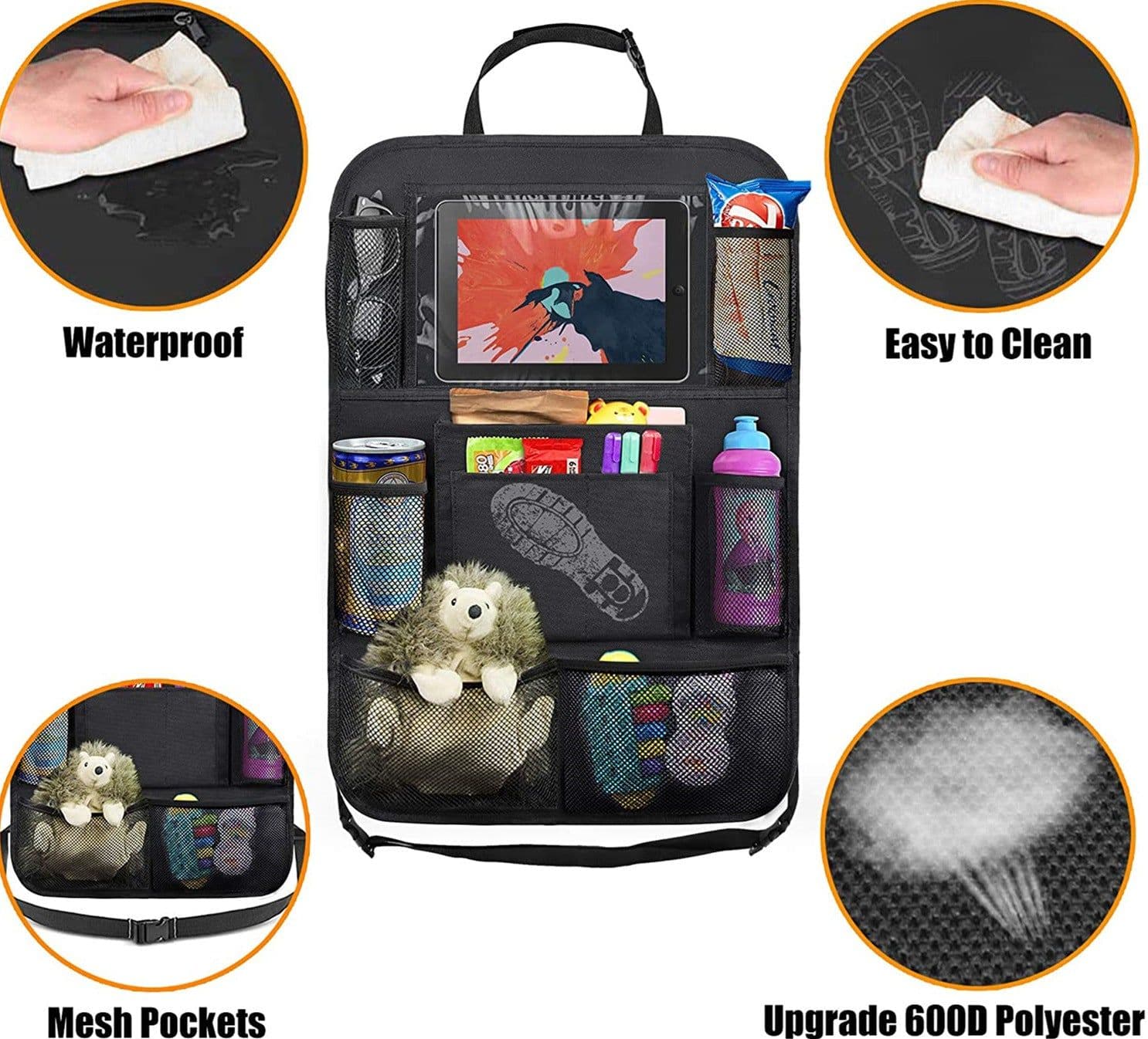 image-Car Seat Back Organizer Storage Bag Oxford Cloth Black