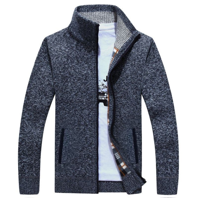 image-Men's Stand-Up Collar Fleece Lined Zip Cardigan Sweater Jacket