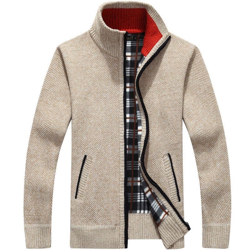 image-Men's Stand-Up Collar Fleece Lined Zip Cardigan Sweater Jacket
