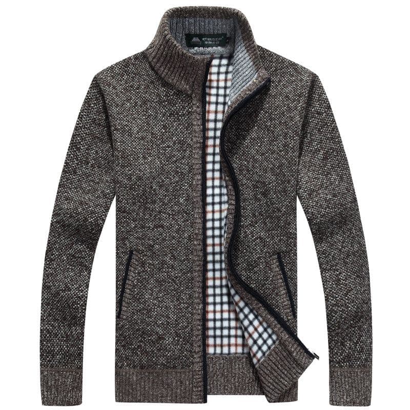 image-Men's Stand-Up Collar Fleece Lined Zip Cardigan Sweater Jacket