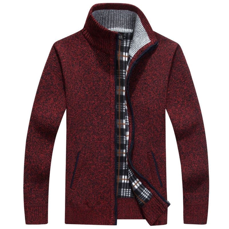 image-Men's Stand-Up Collar Fleece Lined Zip Cardigan Sweater Jacket