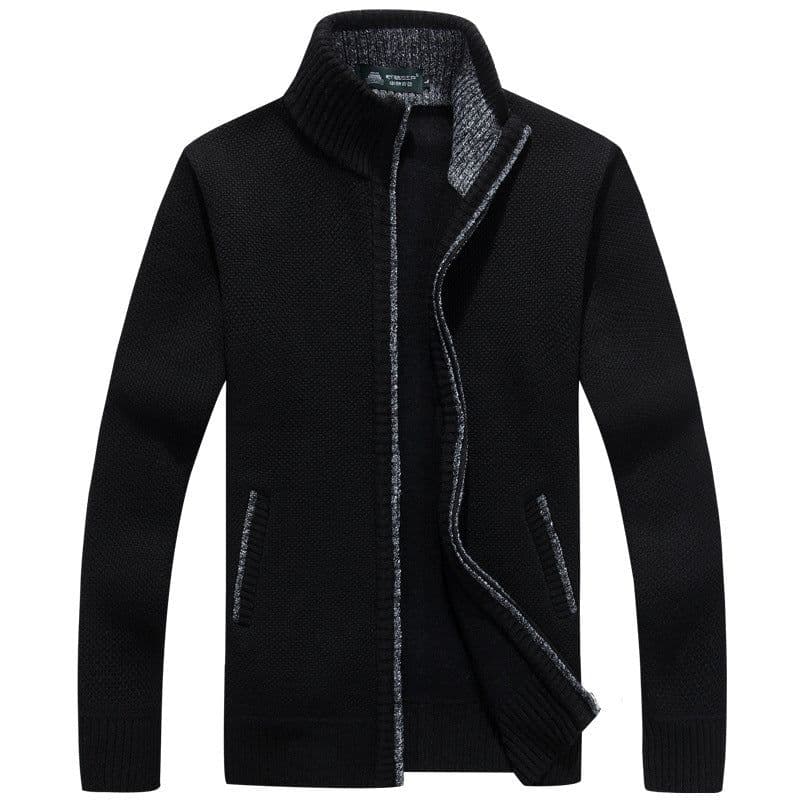 image-Men's Stand-Up Collar Fleece Lined Zip Cardigan Sweater Jacket