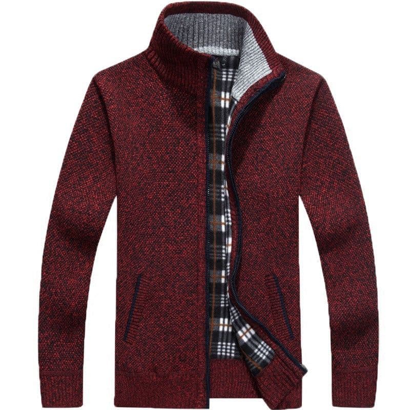 image-Men's Stand-Up Collar Fleece Lined Zip Cardigan Sweater Jacket