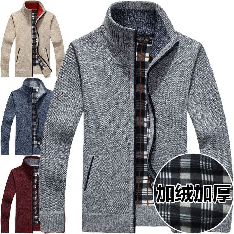 image-Men's Stand-Up Collar Fleece Lined Zip Cardigan Sweater Jacket
