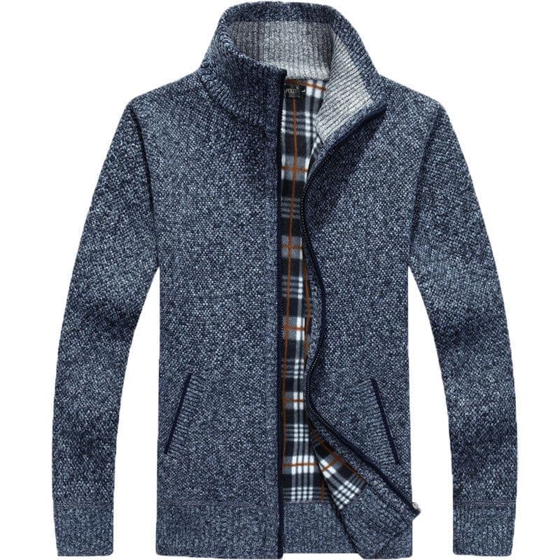 image-Men's Stand-Up Collar Fleece Lined Zip Cardigan Sweater Jacket
