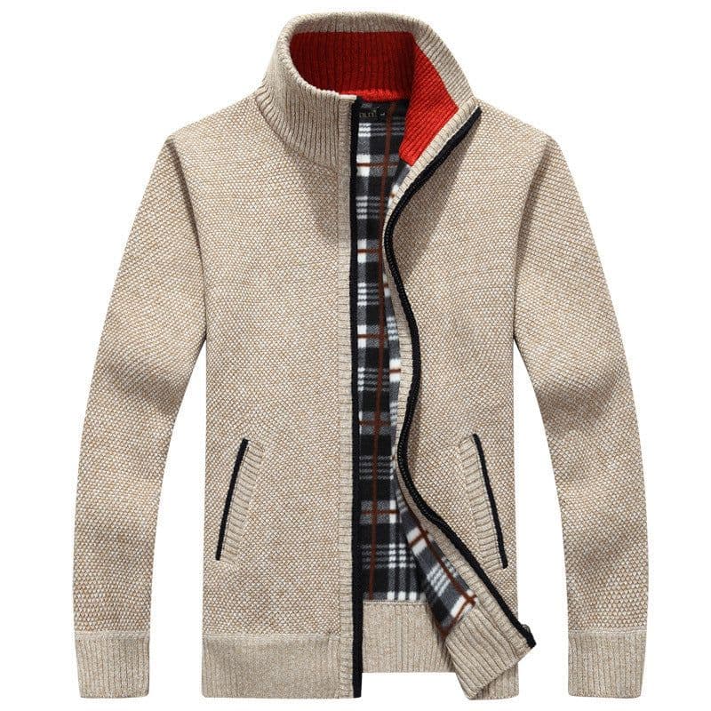 image-Men's Stand-Up Collar Fleece Lined Zip Cardigan Sweater Jacket