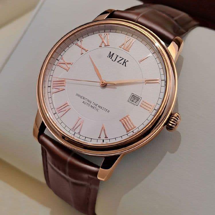 image-MJZK Men's Quartz Watch Brown Leather Strap 40.5mm Waterproof