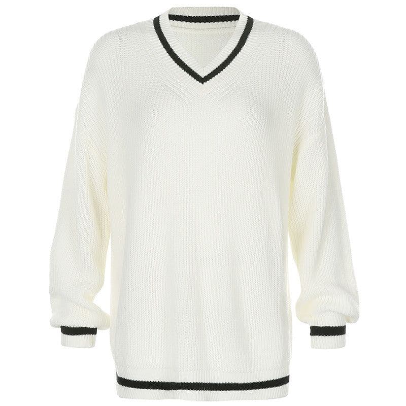 image-Women's Contrast Color Long Sleeve Loose Sweater